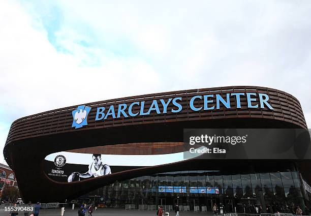 View of the exterior of the Barclays Center on November 3, 2012 in the Brooklyn borough of New York City. NOTE TO USER: User expressly acknowledges...