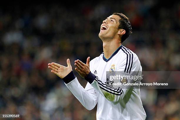 Cristiano Ronaldo of Real Madrid CF reacts after failing a shot during the La Liga match between Real Madrid CF and Real Zaragoza at Estadio Santiago...