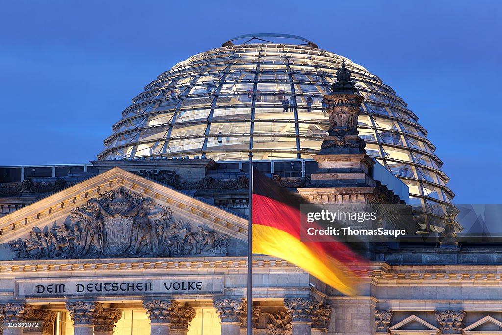 Looking up at Reichstag Dome illuminated