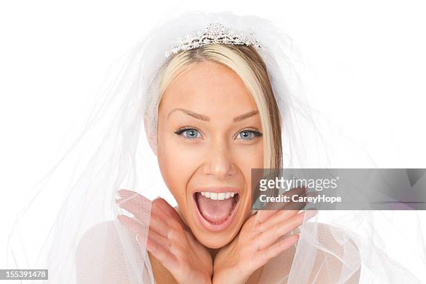 ecstatic bride surprised on her wedding day - tiara isolated stock pictures, royalty-free photos & images