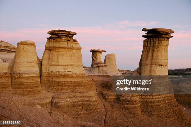 hoodoos cerca de drumheller, alberta al atardecer - rock hoodoos fotografías e imágenes de stock