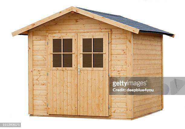 new wood garden shed isolated on white - hut stock pictures, royalty-free photos & images