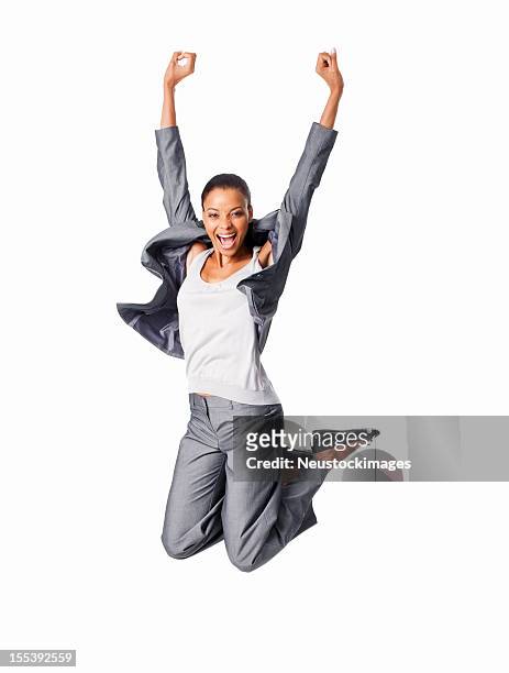 donna d'affari eccitato saltando-isolato - jumping foto e immagini stock