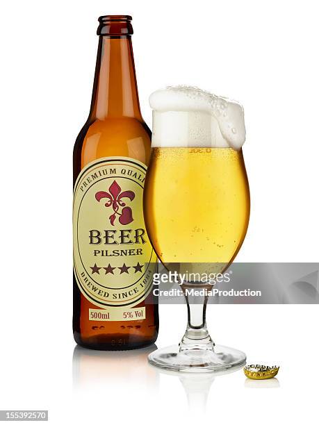 bottle of beer with custom label and  glass - beer bottle stock pictures, royalty-free photos & images