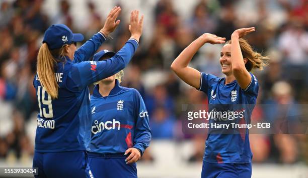 Kate Cross of England celebrates the wicket of Beth Mooney of Australia with team mate Sophie Ecclestone during the Women's Ashes 3rd We Got Game ODI...