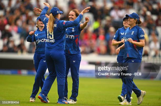 Kate Cross of England celebrates the wicket of Beth Mooney of Australia with team mate Sophie Ecclestone during the Women's Ashes 3rd We Got Game ODI...