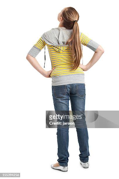 back of teenager girl - woman looking up stockfoto's en -beelden