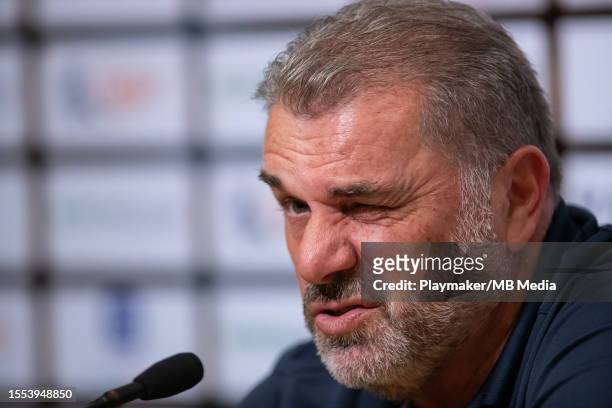 Manager Ange Postecoglou of Tottenham Hotspur addresses the media during the Pre-Match Conference at the National Stadium on July 25, 2023 in...