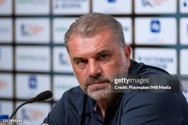 Manager Ange Postecoglou of Tottenham Hotspur addresses the media during the Pre-Match Conference at the National Stadium on July 25, 2023 in...