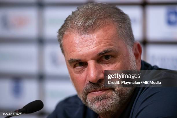 Manager Ange Postecoglou of Tottenham Hotspur addresses the media during the Pre-Match Conference at the National Stadium on July 25, 2023 in...