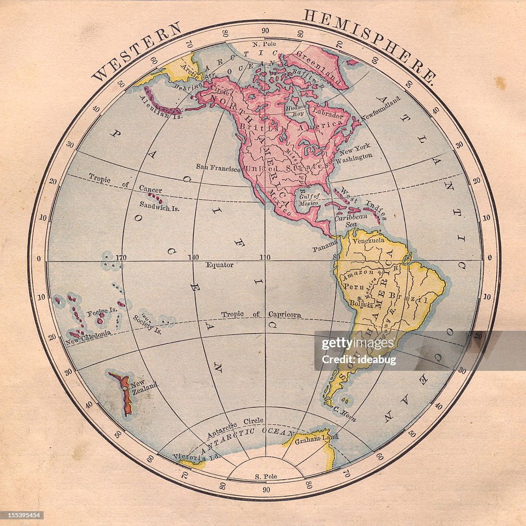 Old Color Map of the Western Hemisphere, From 1800's