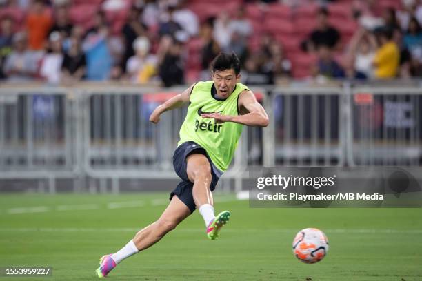 Son Heung-Min of Tottenham Hotspur participates in a training match during an open training session at the National Stadium on July 25, 2023 in...
