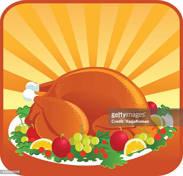 bildbanksillustrationer, clip art samt tecknat material och ikoner med roasted thanksgiving turkey with garnish - fylld kalkon