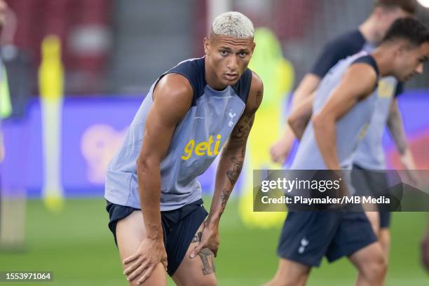 Richarlison of Tottenham Hotspur takes part in drills during an open training session the National Stadium on July 25, 2023 in Singapore.