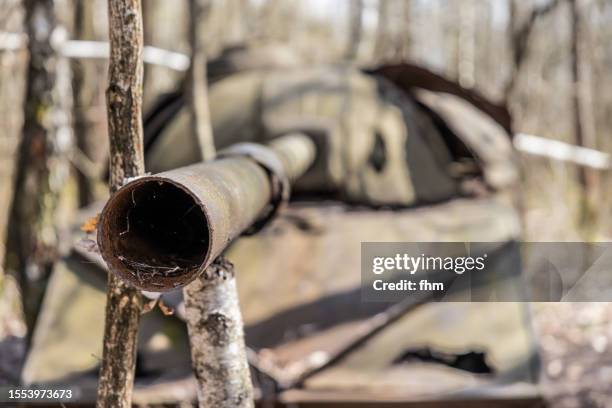 old rusty tank in the forest - vehículo militar de tierra fotografías e imágenes de stock