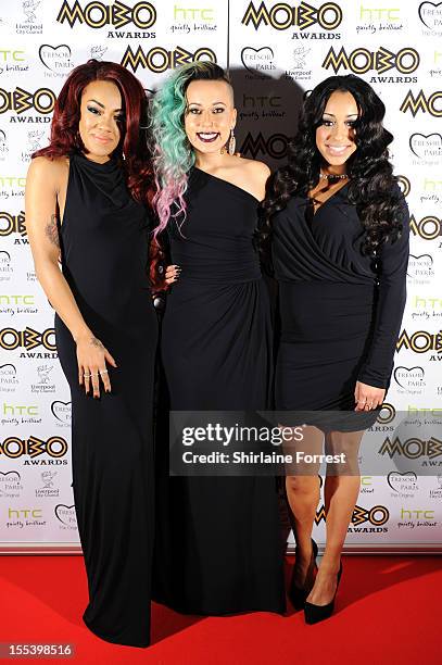 Karis Anderson, Courtney Rumbold and Alexandra Buggs of Stoosh attend the 2012 MOBO awards at Echo Arena on November 3, 2012 in Liverpool, England.