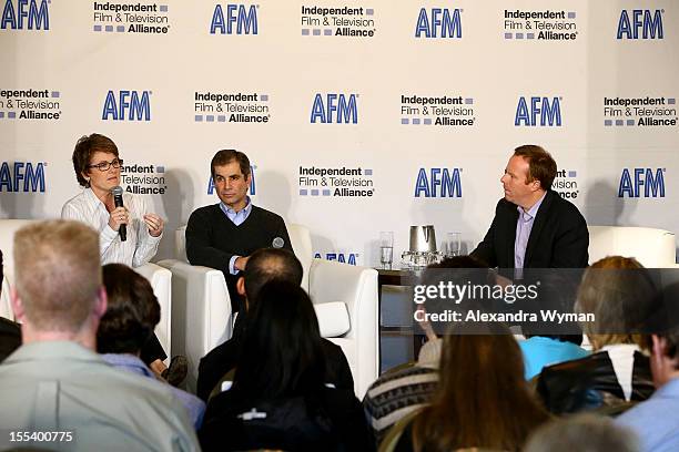 Producers Bonnie Curtis, Victor Levin and Host, Scott Roxborough of The Hollywood Reporter speak at "A Conversation with Bonnie Curtis and Victor...