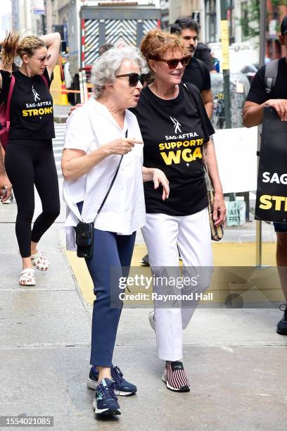 Bette Midler and Susan Sarandon are seen at the SAG-AFTRA strike picket line on July 18, 2023 in New York City.