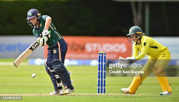 Dublin , Ireland - 25 July 2023; Amy Hunter of Ireland bats watched by Australia wicketkeeper Alyssa Healy during match two of the Certa Women's One...