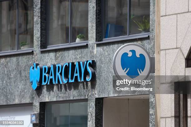 Sign at a Barclays Plc bank branch in London, UK, on Tuesday, July 25, 2023. Barclays are due to report first-half results on Thursday, July 27....