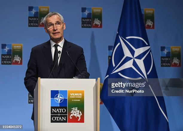Secretary General of NATO Jens Stoltenberg during a joint press conference with President of Ukraine Volodymyr Zelenskyy, on the second day of the...
