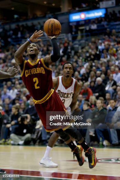 Kyrie Irving of the Cleveland Cavaliers drives to the hoop against the Milwaukee Bucks during the game at Bradley Center on November 3, 2012 in...