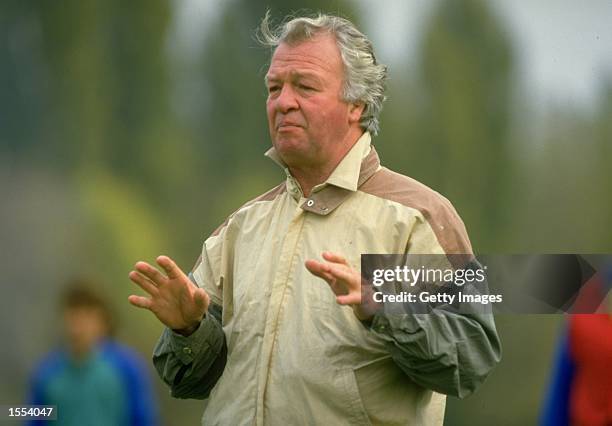 Portrait of Northern Ireland Manager Billy Bingham during a training session before the World Cup qualifying match against Romania played in Romania....
