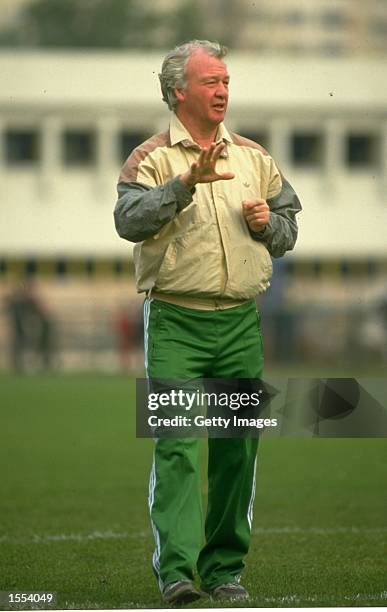 Portrait of Northern Ireland Manager Billy Bingham during a training session before the World Cup qualifying match against Romania played in Romania....
