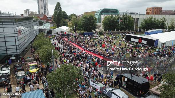 An Aerial view of the finish line at IRONMAN 70.3 Swansea on July 15, 2023 in Swansea, Wales.