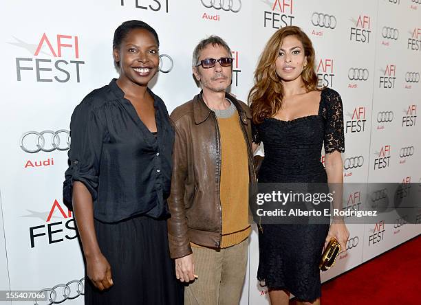 Director Jacqueline Lyanga, writer/director Leos Carax, and actress Eva Mendes arrive at the "Holy Motors" special screening during the 2012 AFI Fest...