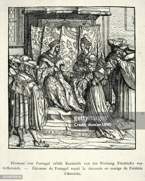 german etching, from the weifskunig, eleanor of portugal becomes aware of the courtship of frederick of austria - eleanor stock illustrations