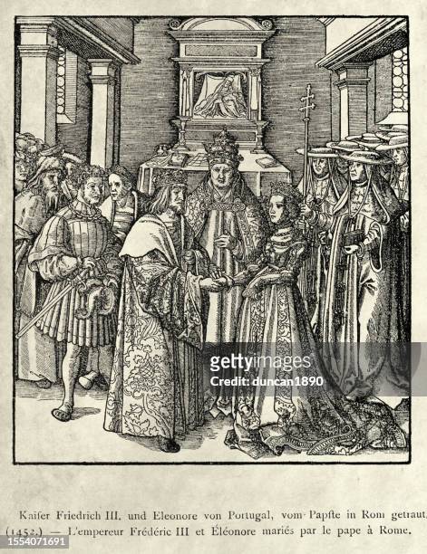 german etching, from the weifskunig, emperor friedrich iii and eleanor of portugal, married by the pope in rome in 1452 by  hans burgkmair - eleanor stock illustrations