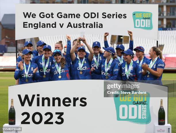 The England players celebrate their ODI series victory over Australia after the Women's Ashes 3rd We Got Game ODI match between England and Australia...