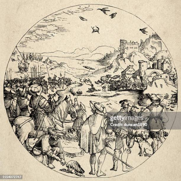 bildbanksillustrationer, clip art samt tecknat material och ikoner med german etching, the heron hunt, 16th century, by  hans burgkmair - falconry