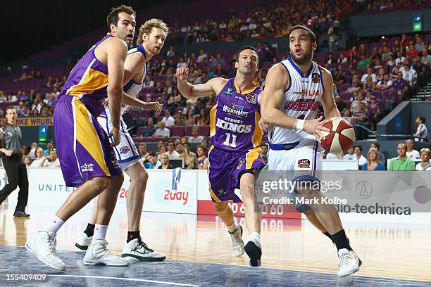 Adam Gibson of the 36ers drives to the basket during the round five NBL match between the Sydney Kings and the Adelaide 36ers at Sydney Entertainment...