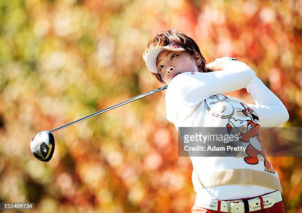 Rikako Morita of Japan tees off during the final round of the Mizuno Classic at Kintetsu Kashikojima Country Club on November 4, 2012 in Shima, Japan.