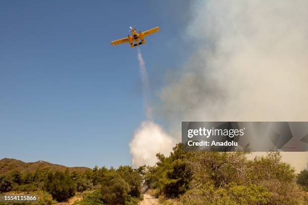 Aerial firefighting continues on Vati village of Rhodes Island, Greece on July 25, 2023. Greece is continuing efforts to put out the wildfires on...