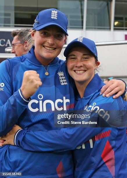 Sophie Ecclestone and Alice Capsey of England celebrate their victory over Australia during the Women's Ashes 3rd We Got Game ODI match between...