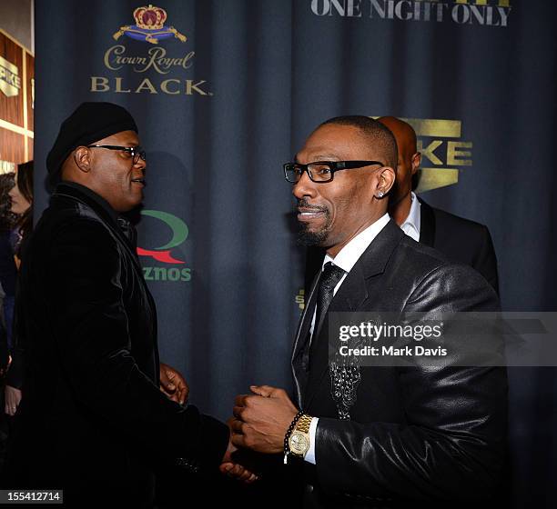 Actors Samuel L. Jackson and Charlie Murphy arrive at Spike TV's "Eddie Murphy: One Night Only" at the Saban Theatre on November 3, 2012 in Beverly...