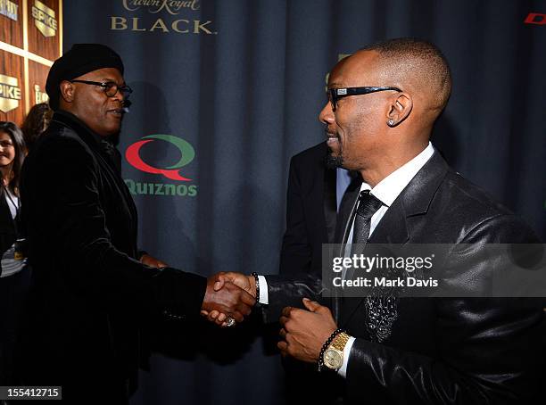 Actors Samuel L. Jackson and Charlie Murphy arrive at Spike TV's "Eddie Murphy: One Night Only" at the Saban Theatre on November 3, 2012 in Beverly...