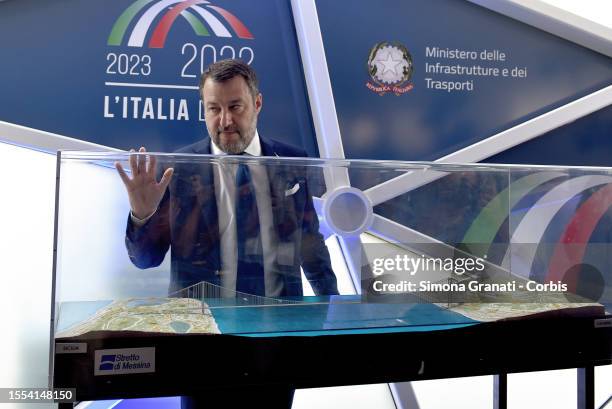 The Deputy Prime Minister and Minister of Infrastructure and Transport, Matteo Salvini, poses in front of the model of The Strait of Messina Bridge a...