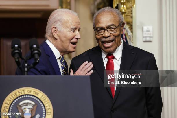 President Joe Biden, left, and Reverend Wheeler Parker Jr., a member of the Till Family, before signing a proclamation to establish the Emmett Till...