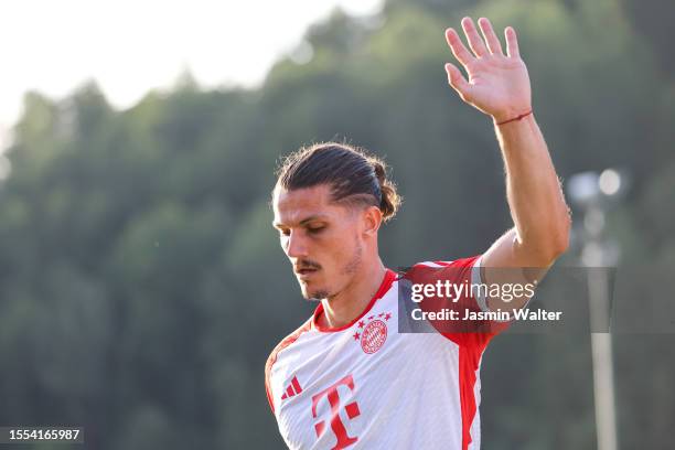 Marcel Sabitzer of FC Bayern Muenchen reacts during the pre-season friendly match between FC Bayern München and FC Rottach-Egern on July 18, 2023 in...