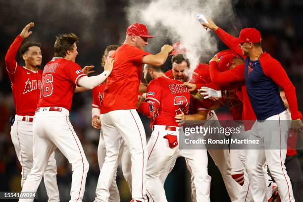 Michael Stefanic of the Los Angeles Angels celebrates after a 4-3 win against the New York Yankees in the tenth inning at Angel Stadium of Anaheim on...