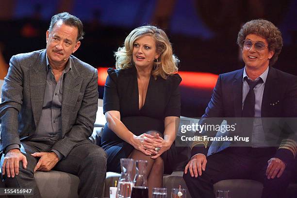 Tom Hanks, Barbara Schoeneberger and Atze Schroeder attend the Wetten dass...? show at the Messe-Bremen on November 3, 2012 in Bremen, Germany.