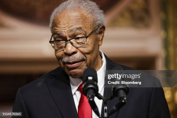 Reverend Wheeler Parker Jr., a member of the Till Family, speaks during a proclamation event to establish the Emmett Till and Mamie Till-Mobley...