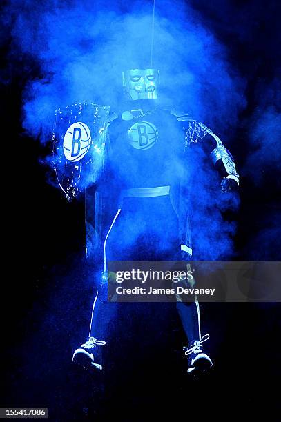 BrooklyKnight lands at center court at Toronto Raptors vs Brooklyn Nets game at Barclays Center on November 3, 2012 in Brooklyn, New York.