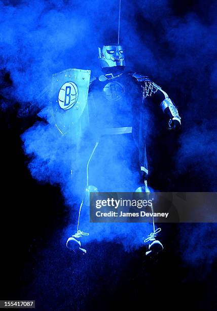 BrooklyKnight lands at center court at Toronto Raptors vs Brooklyn Nets game at Barclays Center on November 3, 2012 in Brooklyn, New York.