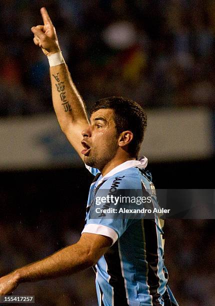 Andre Lima of Grêmio celebrates a goal during a match between Grêmio and Ponte Preta as part of the Brazilian Championship Serie A at Olímpico...