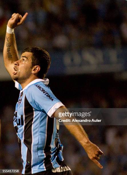 Andre Lima of Grêmio celebrates a goal during a match between Grêmio and Ponte Preta as part of the Brazilian Championship Serie A at Olímpico...